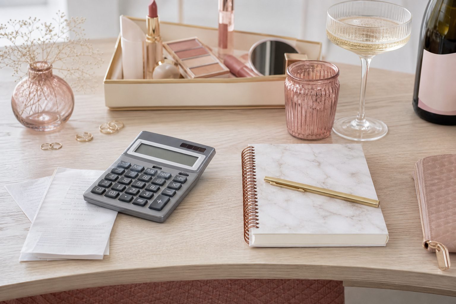 Calculator, receipts and notebook on a pale wood desk beside makeup products
