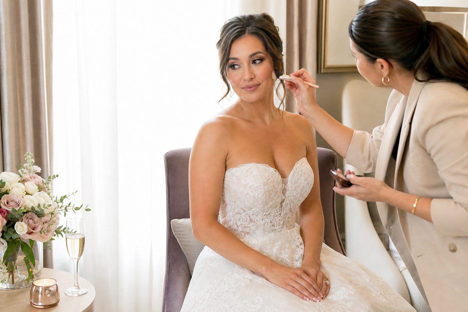 Bride receiving final touch ups in a sunlit room with white curtains