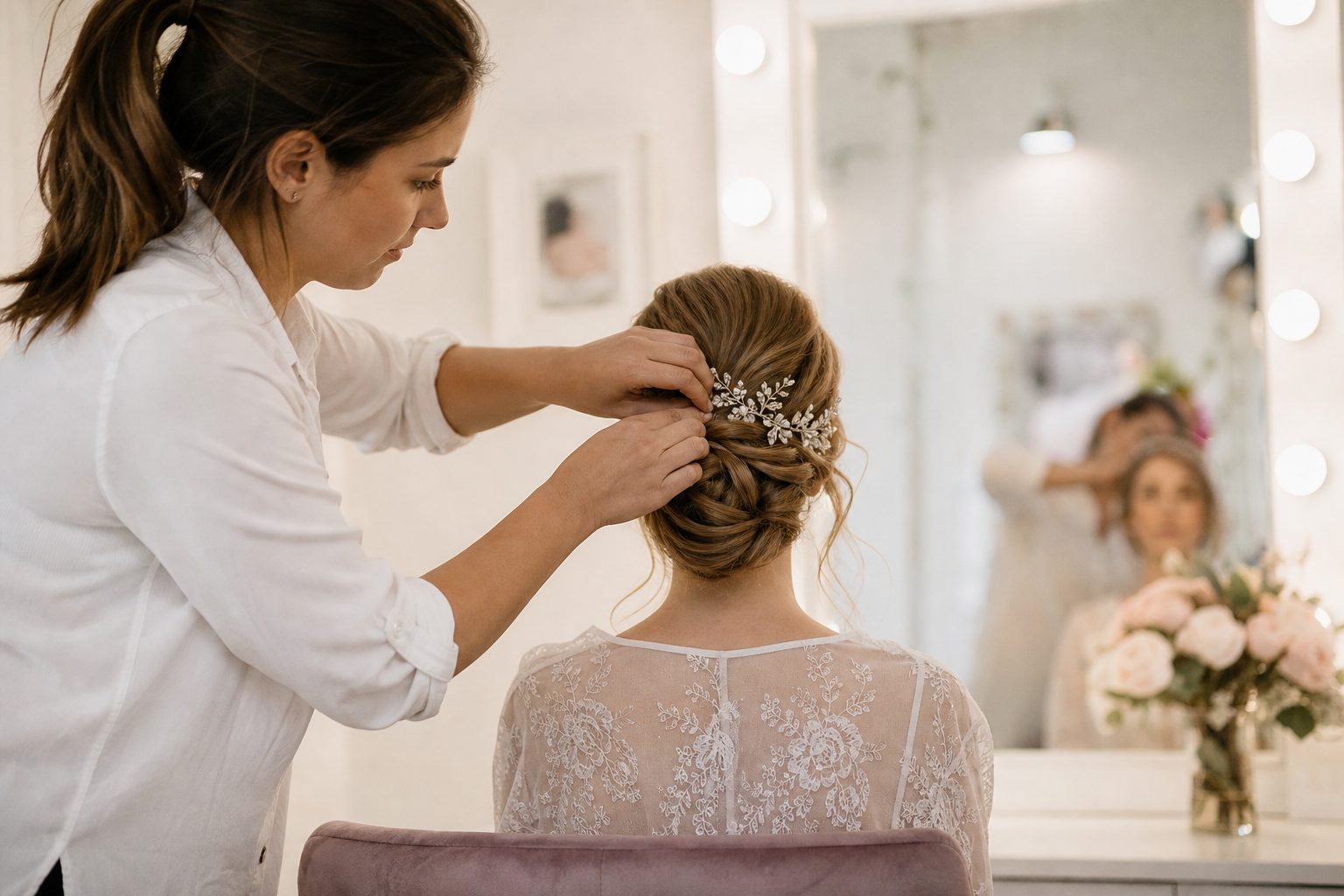 Hair artist pinning an updo in front of a bulb lit mirror in a bright airy studio