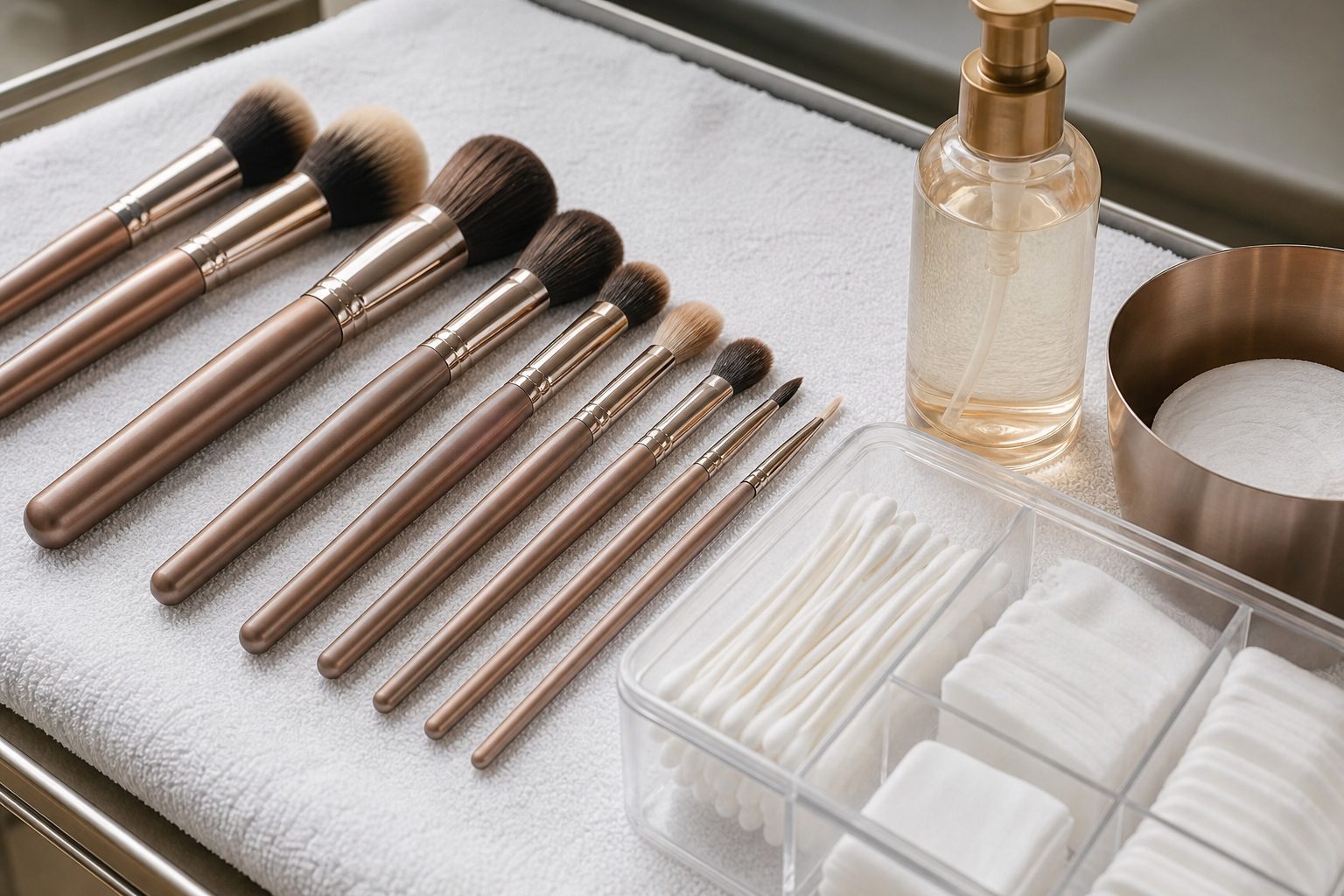 Sanitized makeup brushes and disposable applicators laid out on a white towel in bright daylight