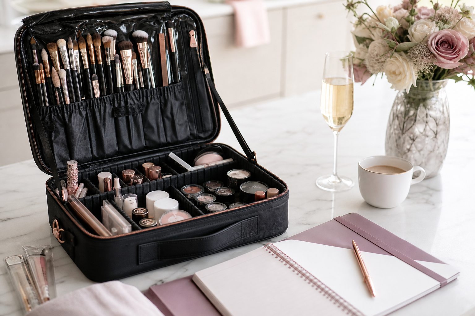 Open bridal makeup kit on a white marble counter beside a notebook in bright morning light