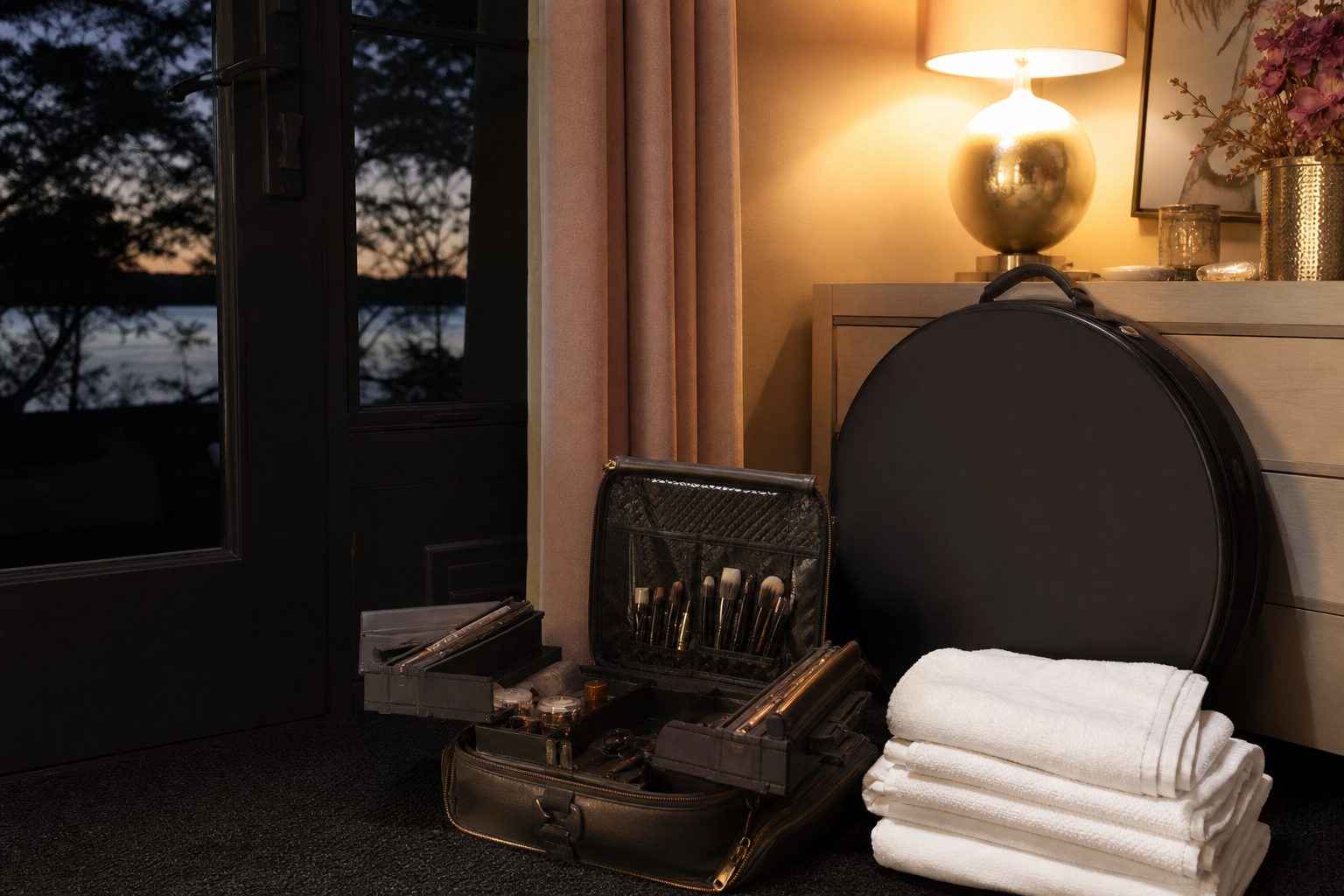 Packed bridal artist kit, folded towels and a light case ready by a door