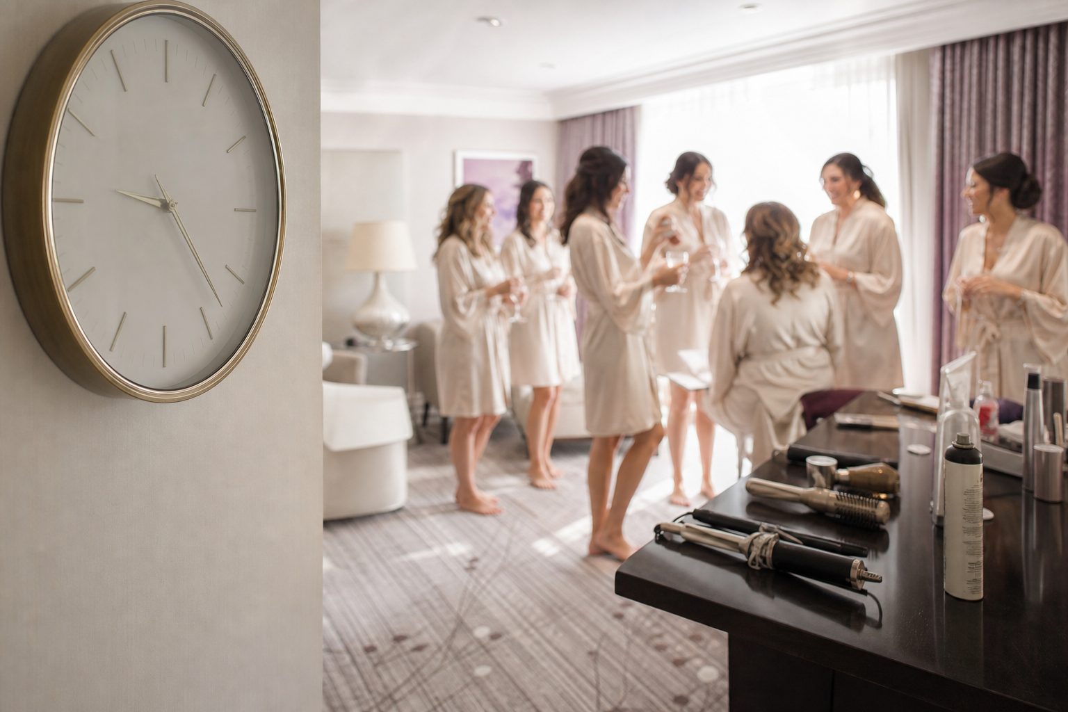 Clock beside a styling station in a bright hotel suite with bridesmaids in the background