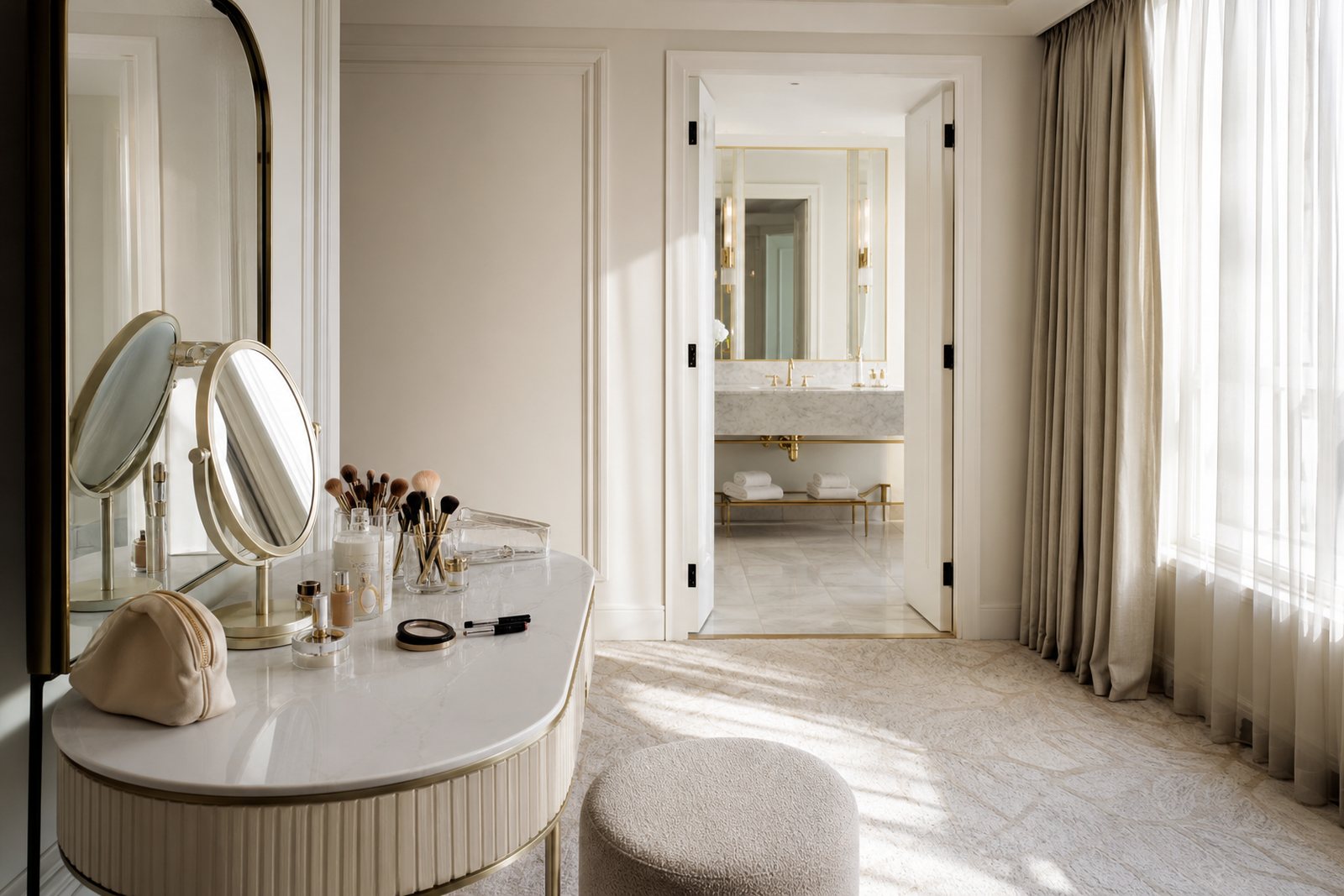 A bright hotel suite getting ready area with a makeup station, a mirror, laid out brushes and soft morning light